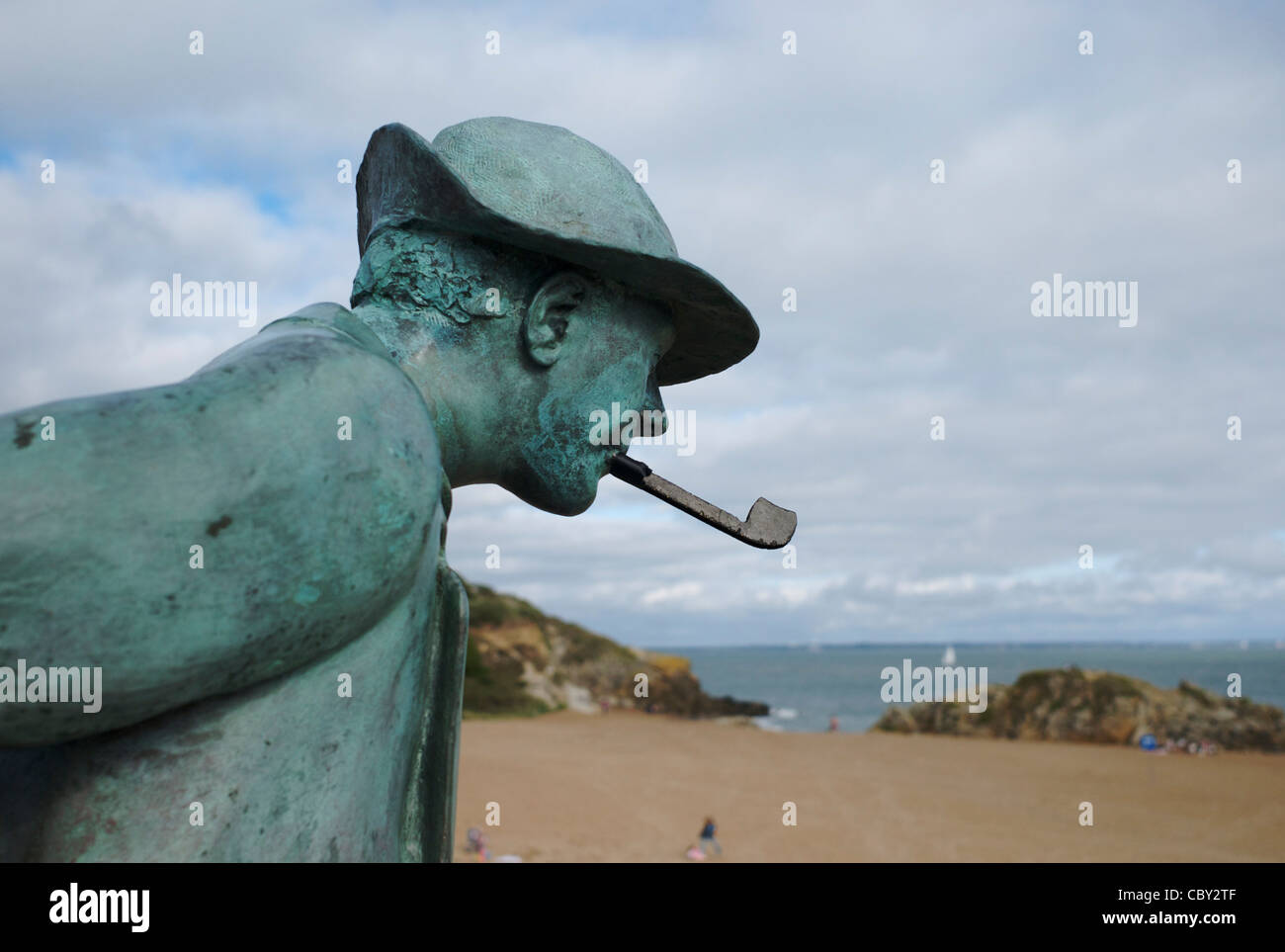 Statue of Jacques Tati's Mr Hulot at Saint-Marc-sur-Mer. Location of film 'Mr Hulot's Holiday' (1953). With Pipe. Stock Photo