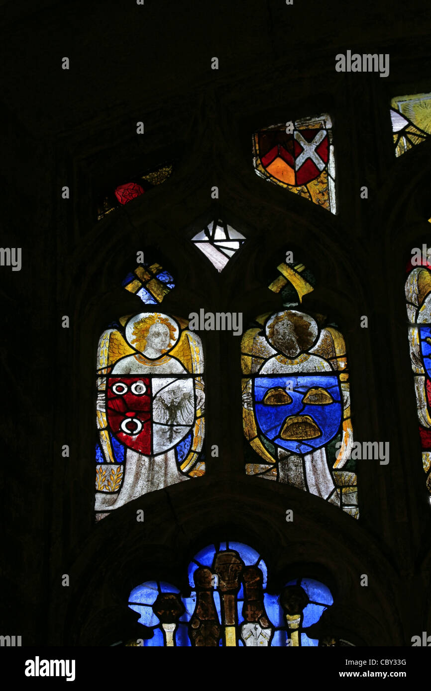 A 15th century stained glass window depicting armorial shields of English families, St Mary the Virgin Church, Nettlestead, Kent Stock Photo