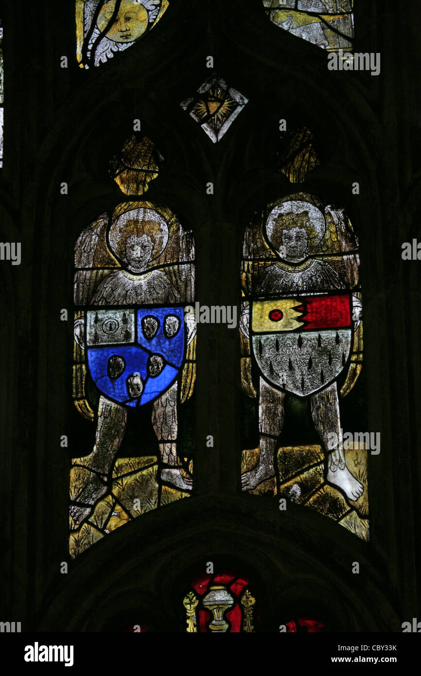 A 15th century stained glass window depicting armorial shields of English families, St Mary the Virgin Church, Nettlestead, Kent Stock Photo