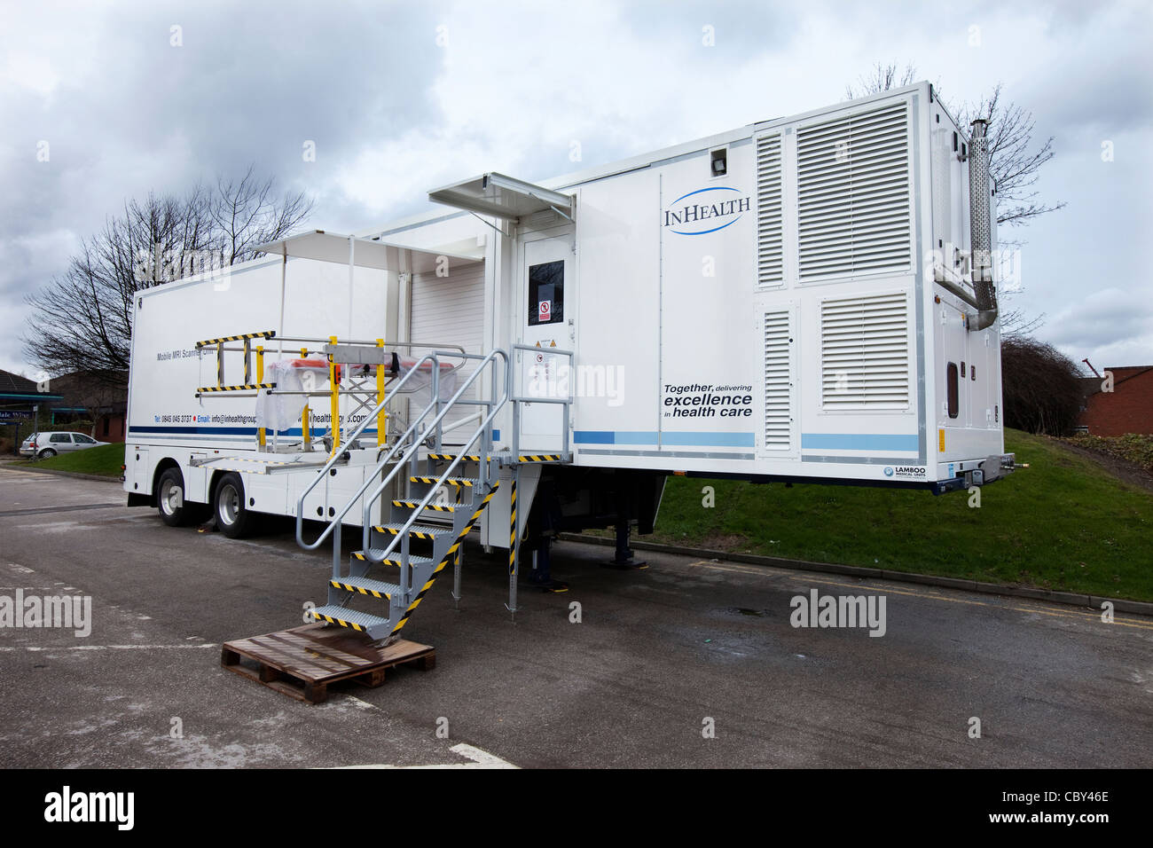 Mobile MRI Scanner in custom built  trailer at an NHS hospital Stock Photo