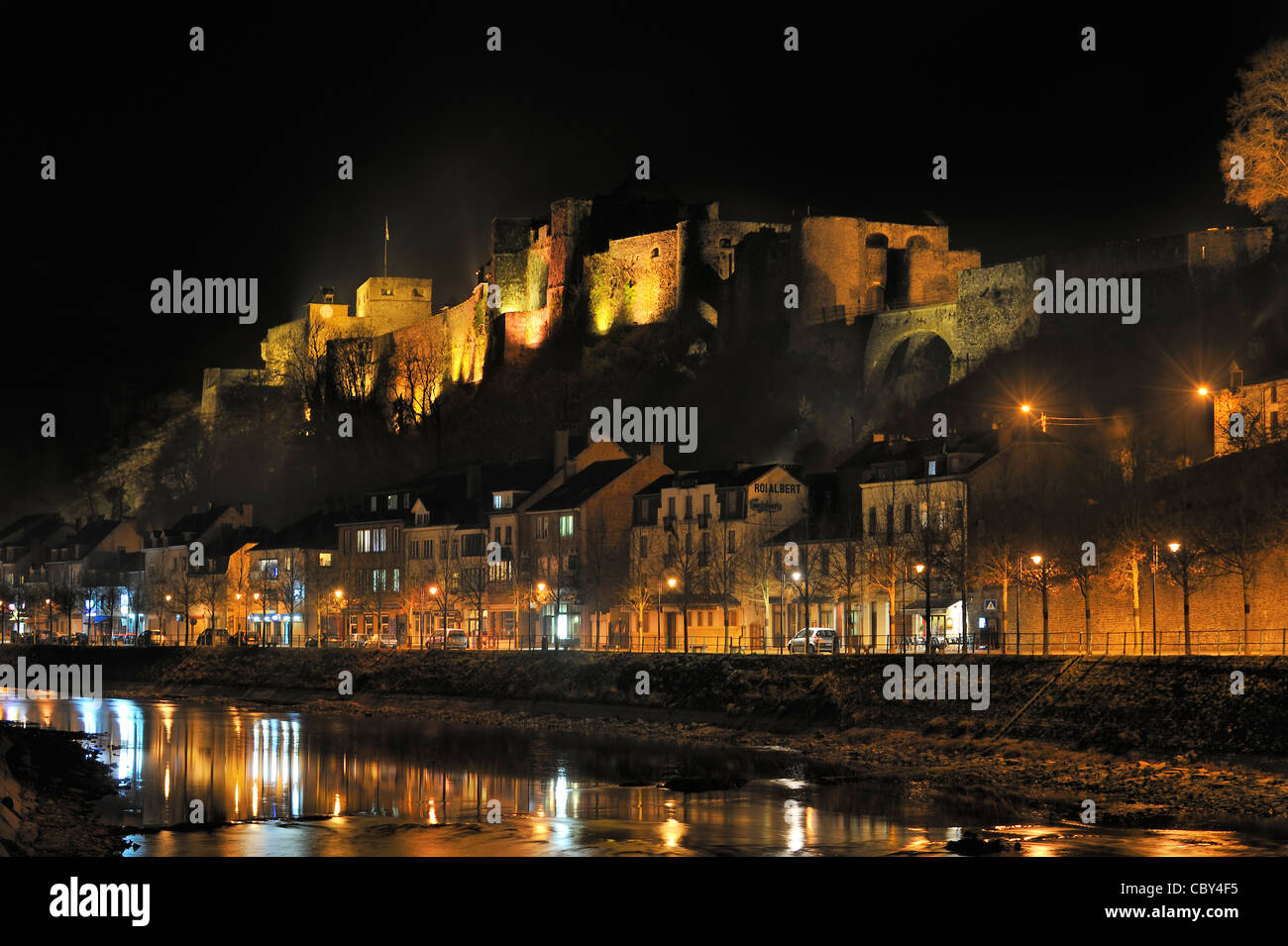 The medieval Bouillon Castle along the Semois river at night, Belgian