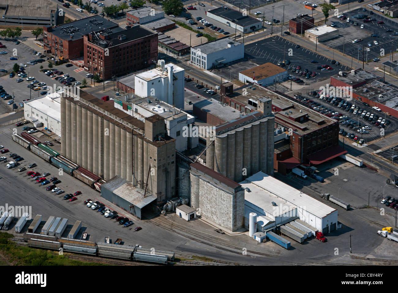 aerial view grain silos central valley, California Stock Photo