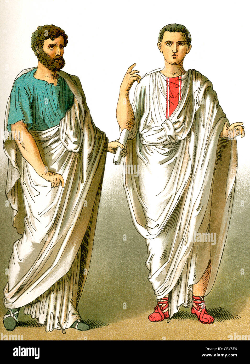 The figures represent ancient Roman males, from left to right: a public orator, a senator. Stock Photo