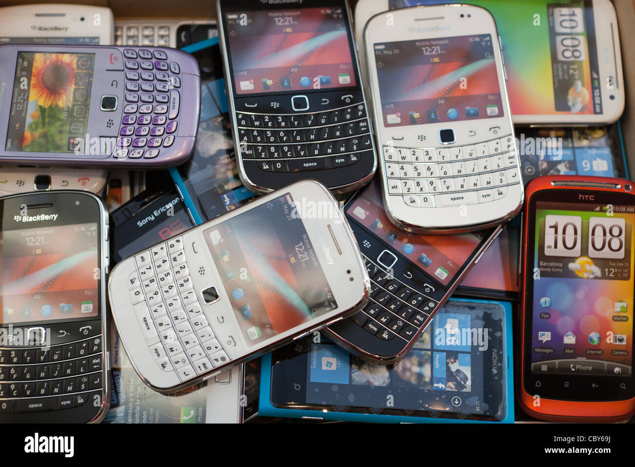 Pile of smart phones Stock Photo