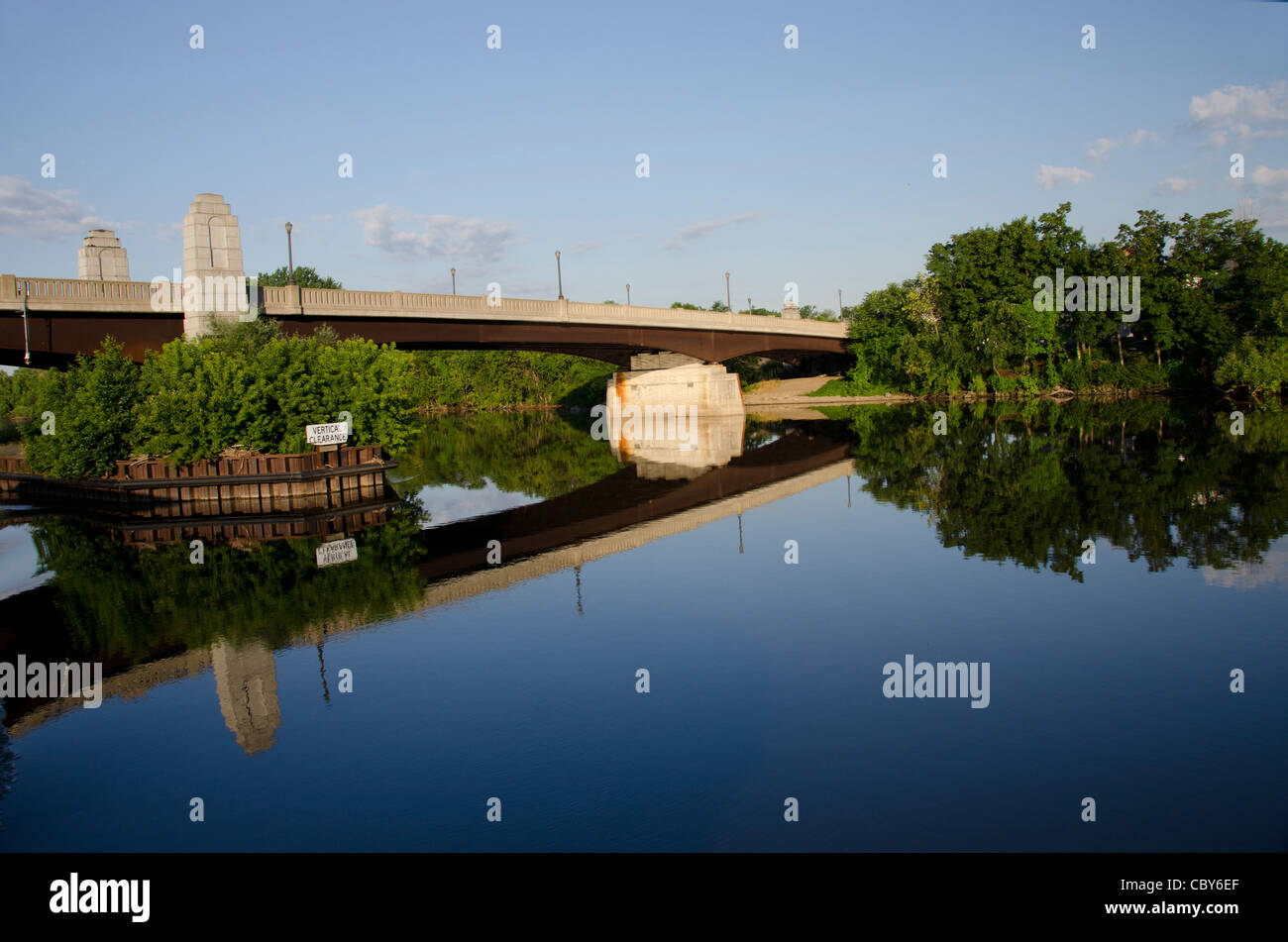 New York, Erie Canal at Troy on the Hudson River. Early morning river bank reflections. Stock Photo