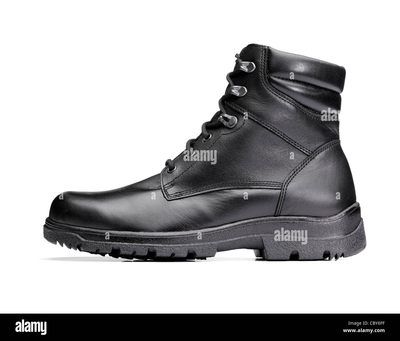 Men's new black leather winter boot isolated on white. Stock Photo