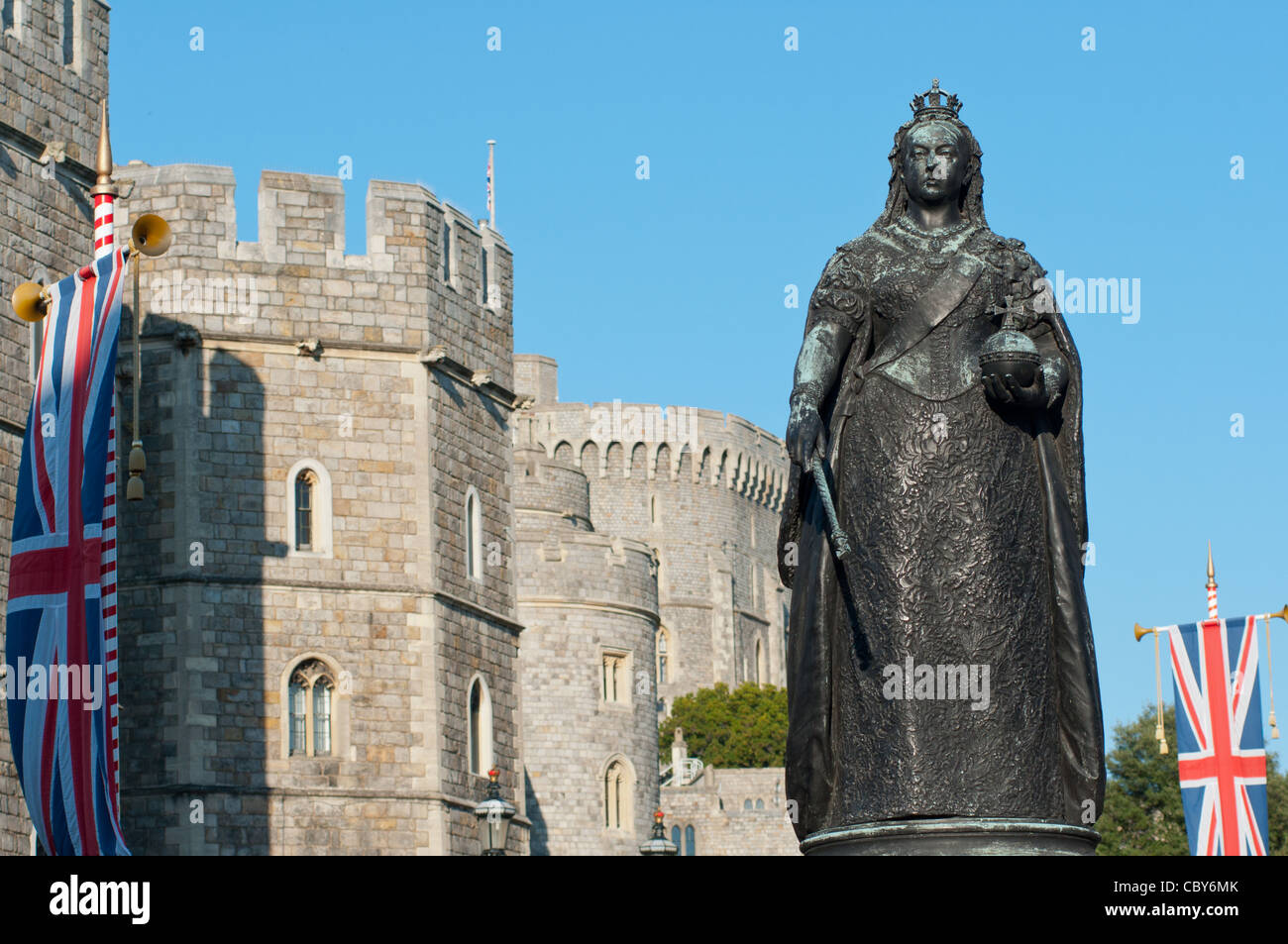 Queen Victoria statue with Windsor Castle, UK. Stock Photo