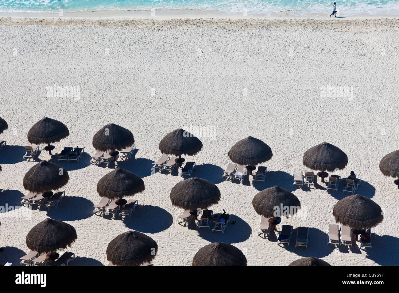 View of umbrellas from 7th floor of Krystal Hotel, Cancun, Mexico, Hotel Zone Stock Photo