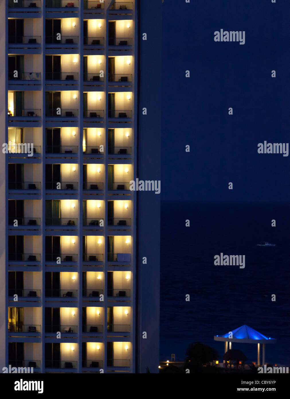 Abstract of a hotel in Cancun Mexico at dusk Stock Photo