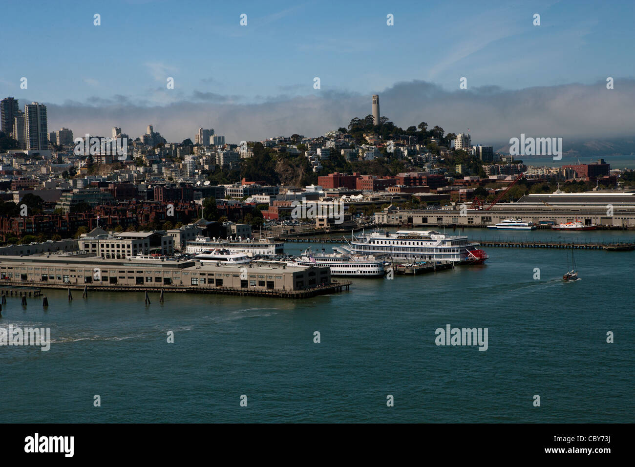 aerial photograph Coit Tower, piers, San Francisco, California Stock Photo