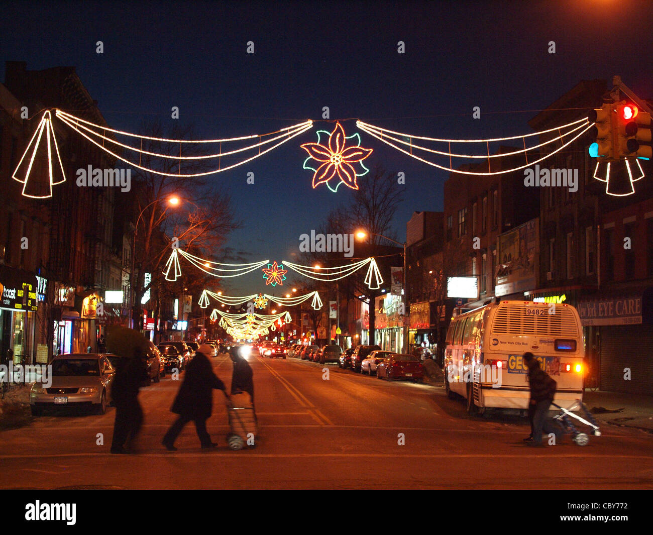 Christmas lights at twilight, Grand Street, Brooklyn, New York Stock