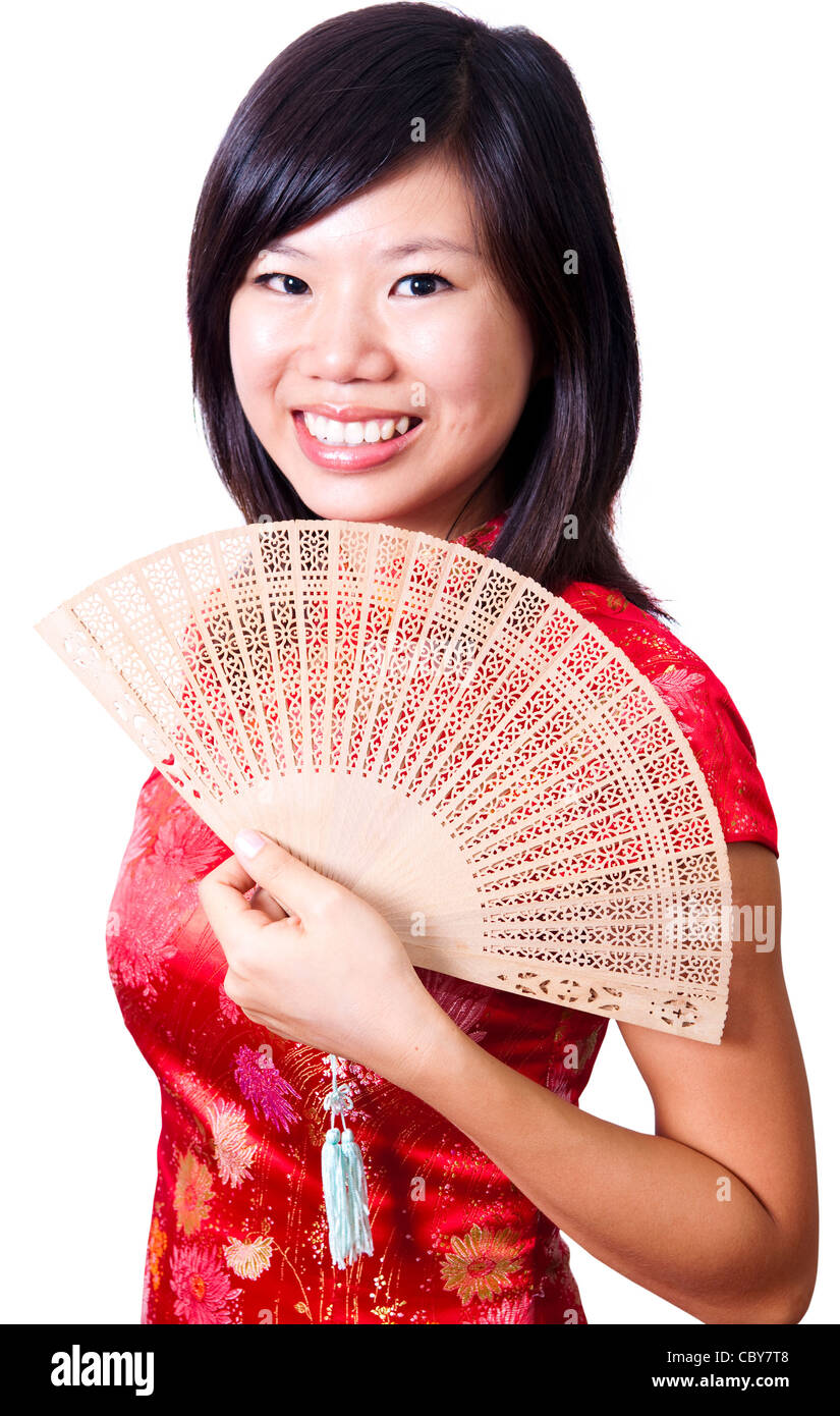 Oriental girl with Chinese traditional dress Cheongsam and Chinese Fan  Stock Photo - Alamy