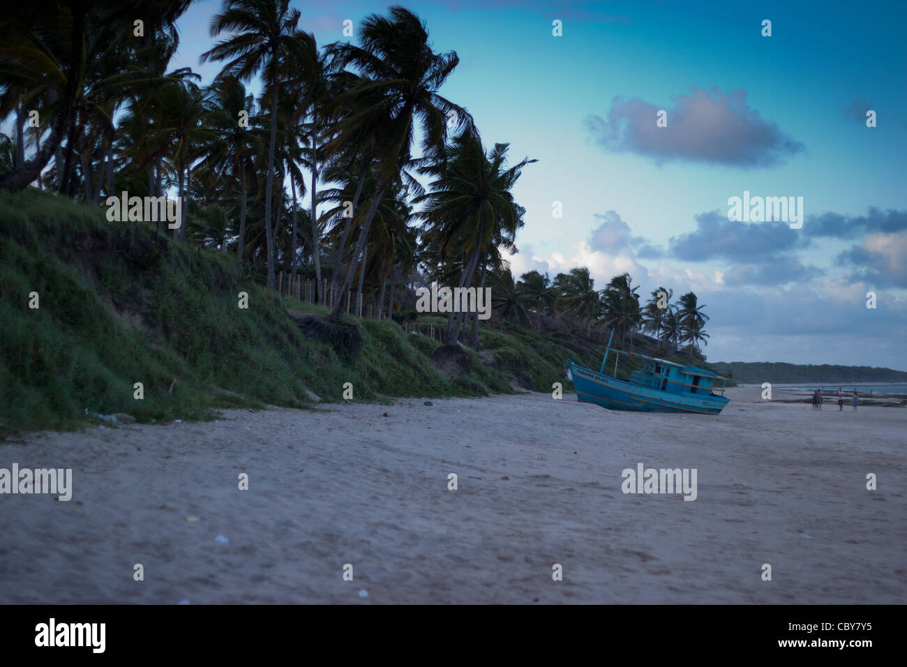 Stranded blue boat in praia do Frances, Maceio - Alagoas, Brazil Stock Photo