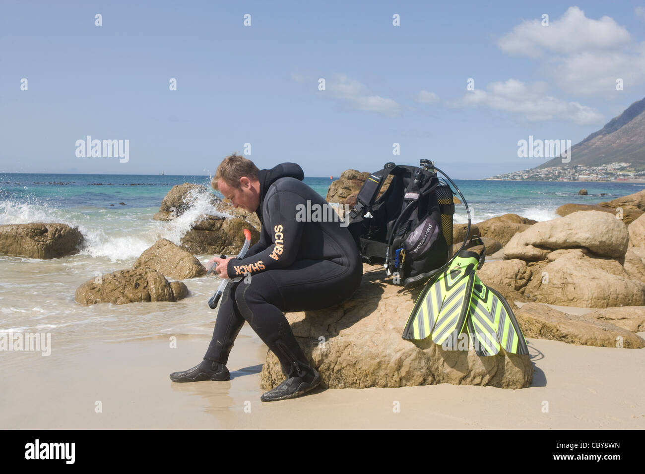 Cape Town scuba diver on beach Stock Photo Alamy