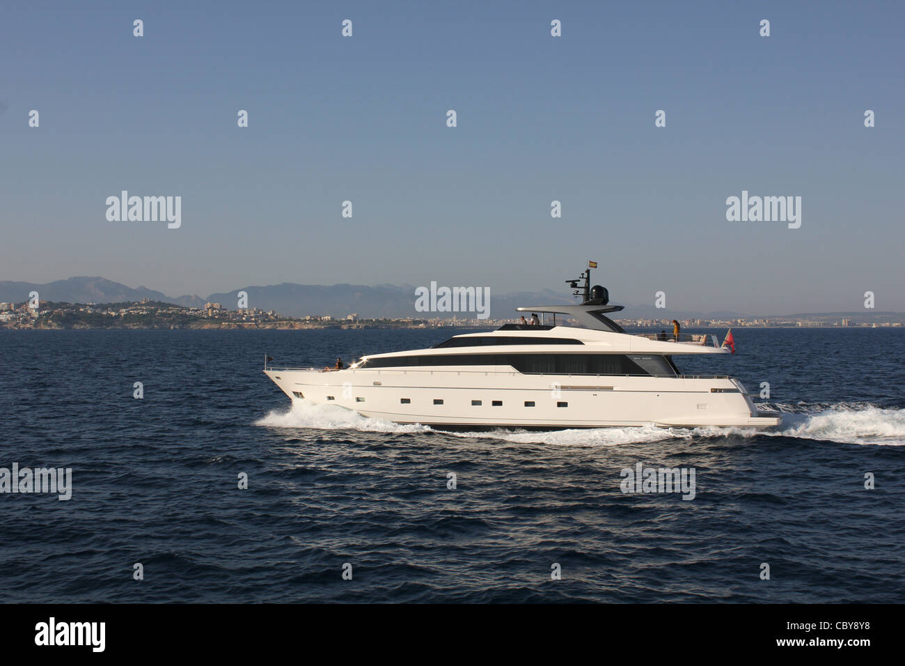 luxury sanlorenzo SL104 superyacht / motor yacht under way  at sea off the coast o South West Mallorca / Majorca spain Stock Photo