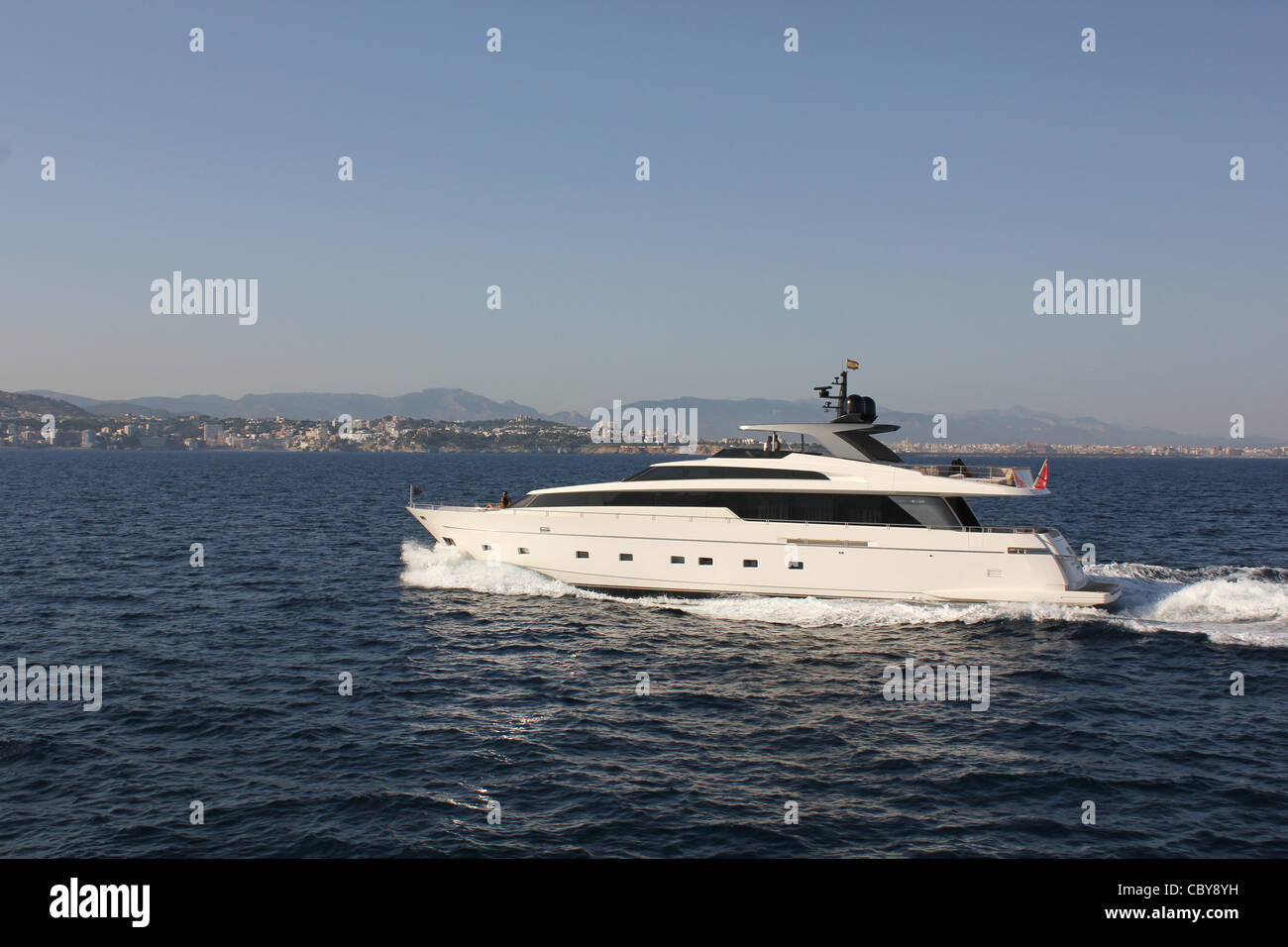 luxury sanlorenzo SL104 superyacht / motor yacht under way  at sea off the coast o South West Mallorca / Majorca spain Stock Photo