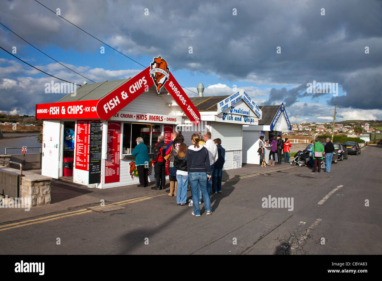 Queues for the fast food stalls at West Bay near Bridport in Dorset, England, UK Stock Photo