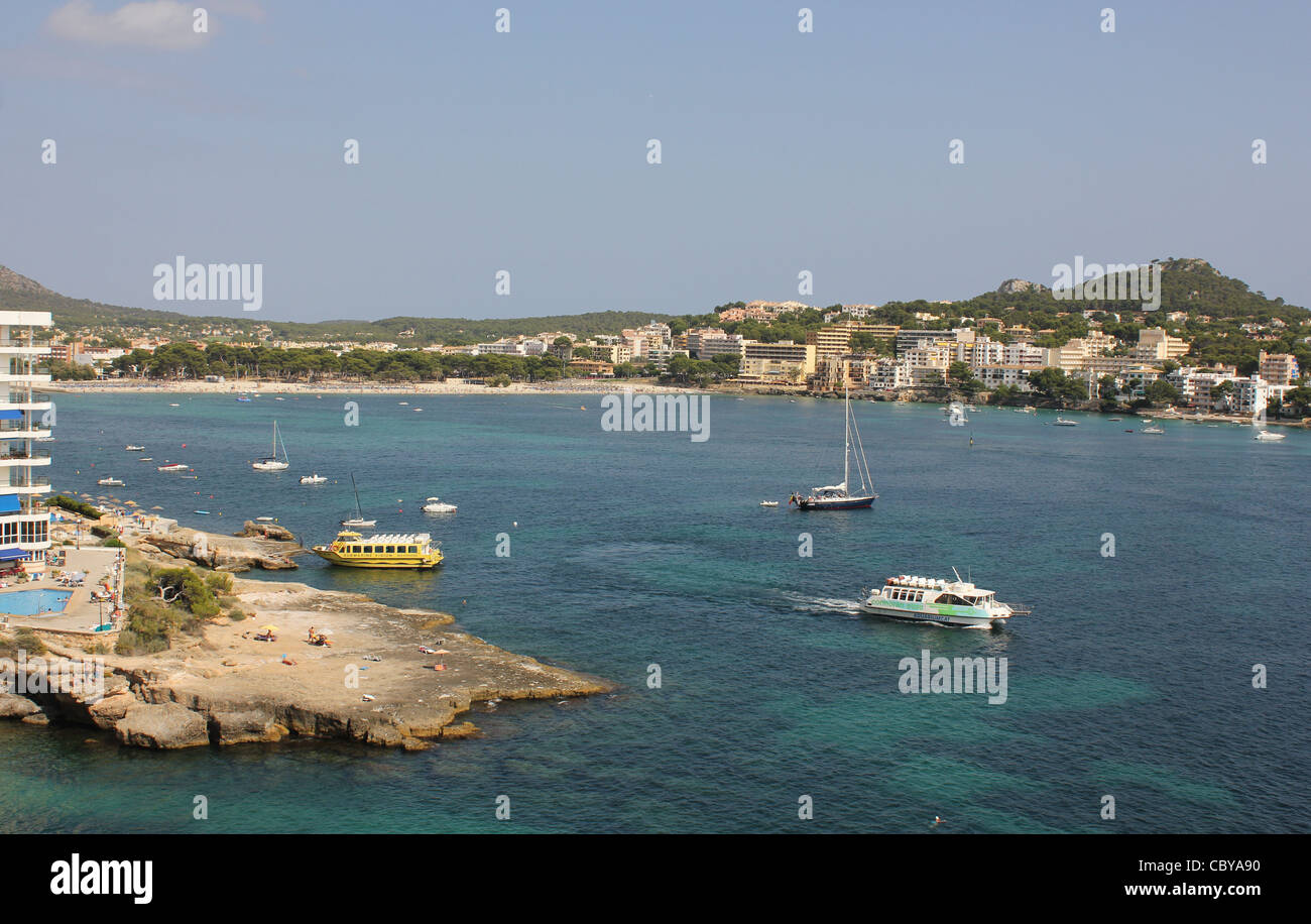 Scene in Santa Ponsa Bay looking past Caesar's apartments towards beach, Calvia, South West Mallorca / Majorca Stock Photo