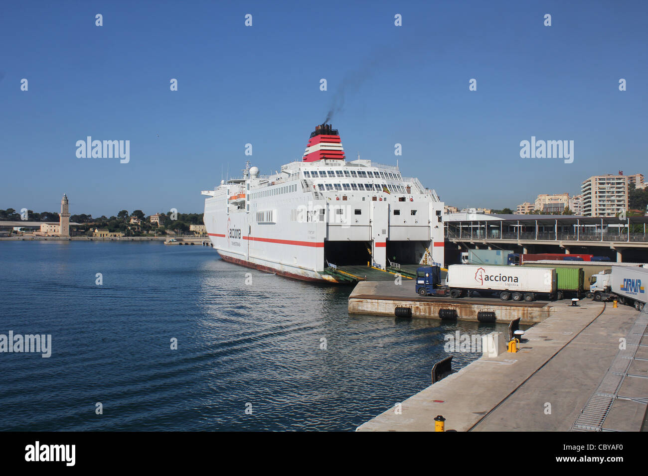 Acciona / Trasmediterranea RoRo ferry 'Fortuny' loading lorry traffic - Port of Palma Mallorca / Majorca Stock Photo