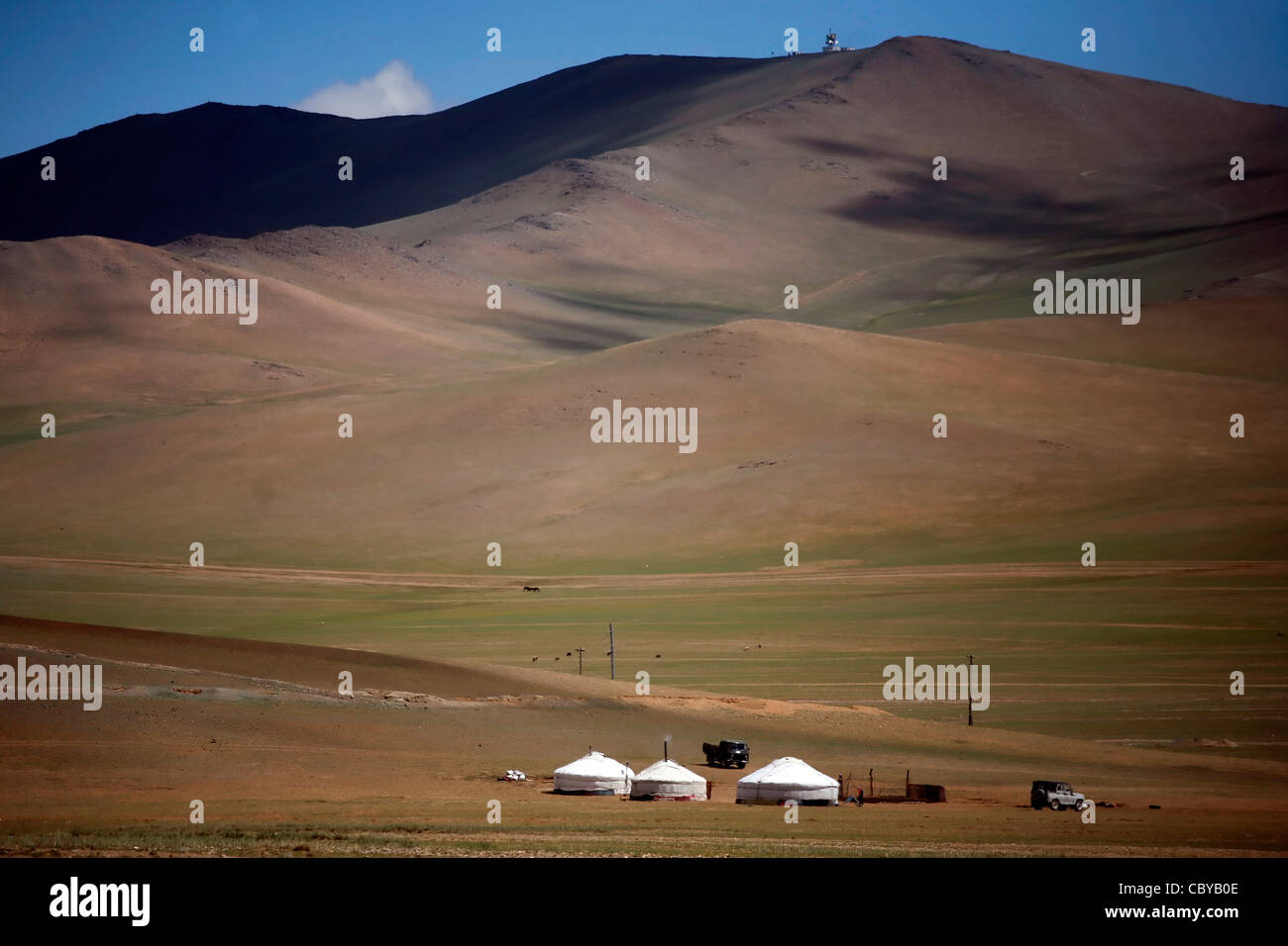 Yurts on a green field in Mongolia Stock Photo