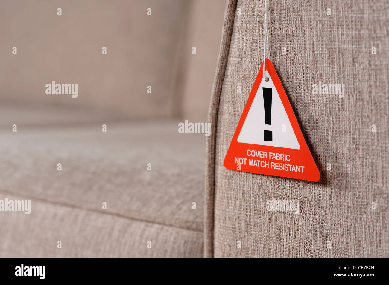 Sofa fire safety warning label Stock Photo