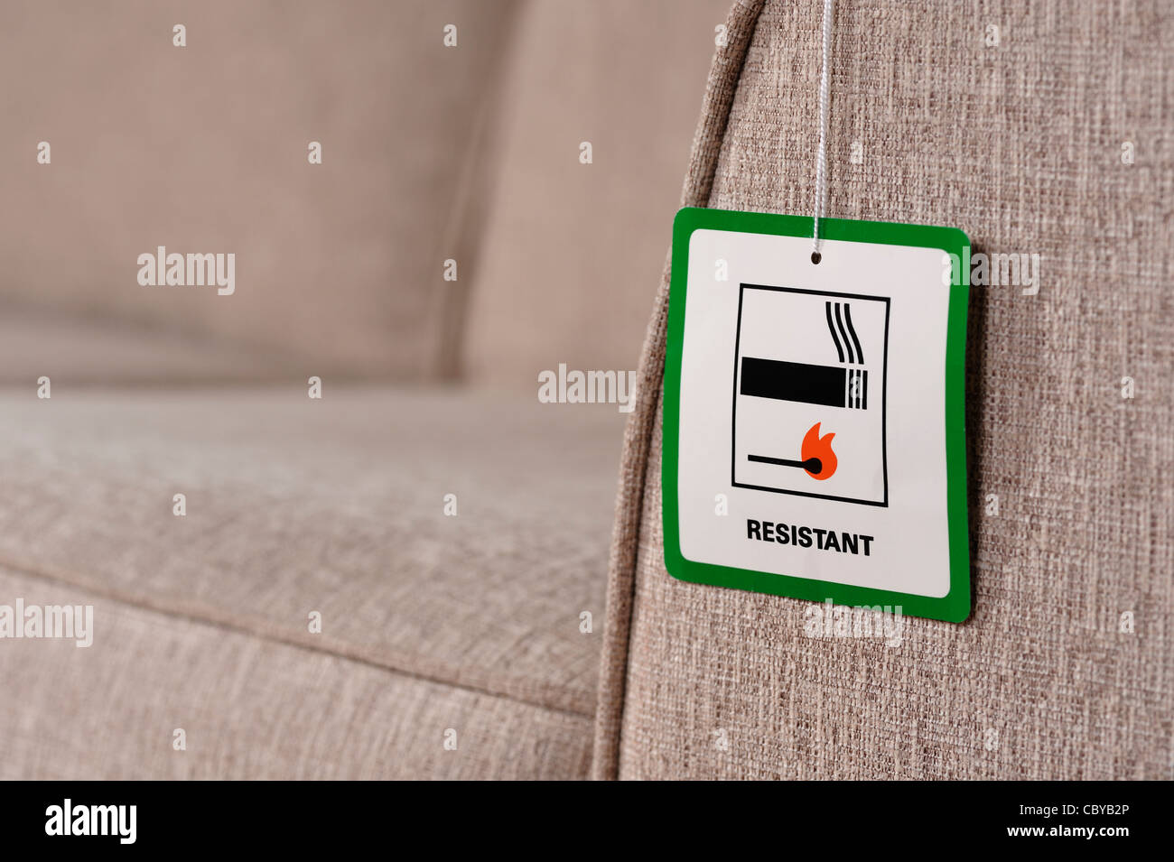 Sofa fire safety warning label Stock Photo