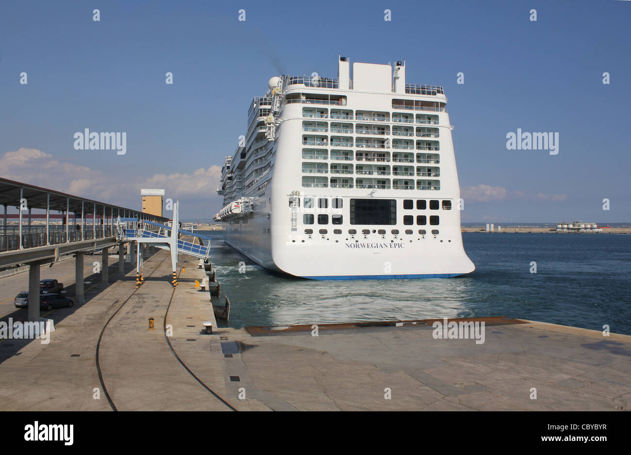 Norwegian Cruise Line (NCL) Cruise Liner 'Norwegian Epic' about to depart - during one of her weekly visits to Palma de Mallorca Stock Photo