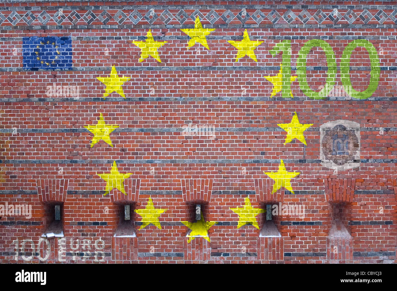 100 euros banknote shown as a stronghold wall Stock Photo