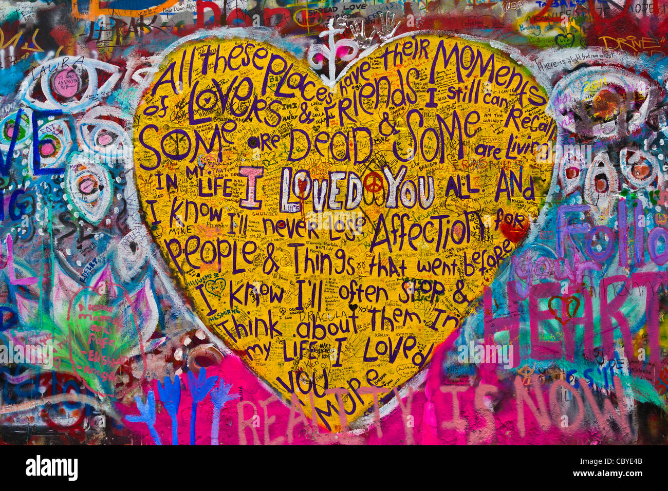 Beatles lyrics on John Lennon Wall, Velkopřevorské náměstí, Prague, Czech Republic Stock Photo