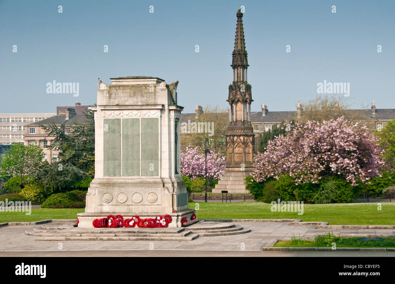Poppies on the Cenotaph, Hamilton Square, Birkenhead, The Wirral, Merseyside, England, UK Stock Photo