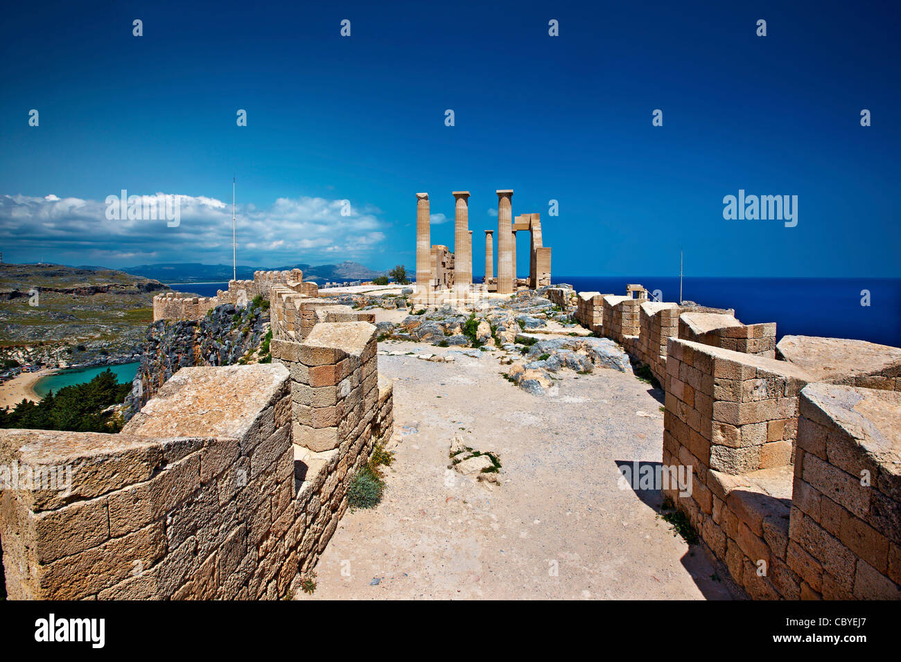 The ancient Temple of Athena Lindia, on the Acropolis of Lindos town, Rhodes island, Dodecanese, Greece Stock Photo