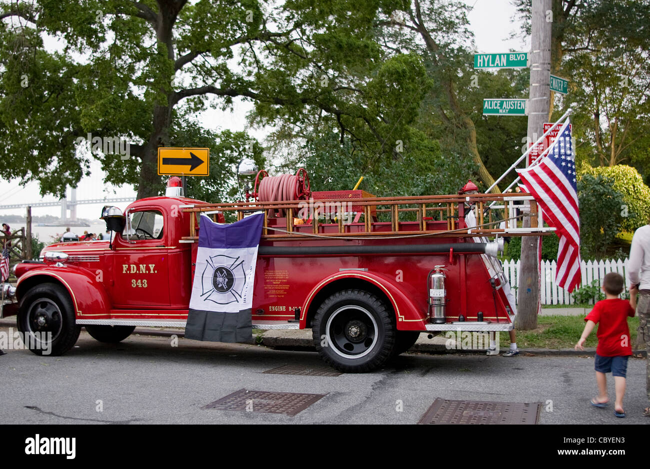 Antique (1940's) red Chevrolet Fire Truck displayed on Sept.11, 2011 to honor those lost in 9-11 9/11 World Trade Center attack. Stock Photo