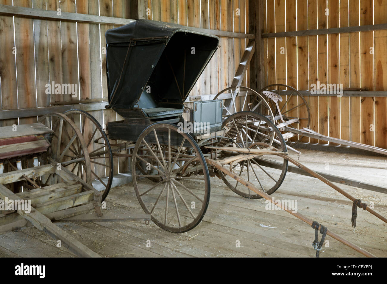 Carriage on display in historical farm (Carriage Hill Metro Park