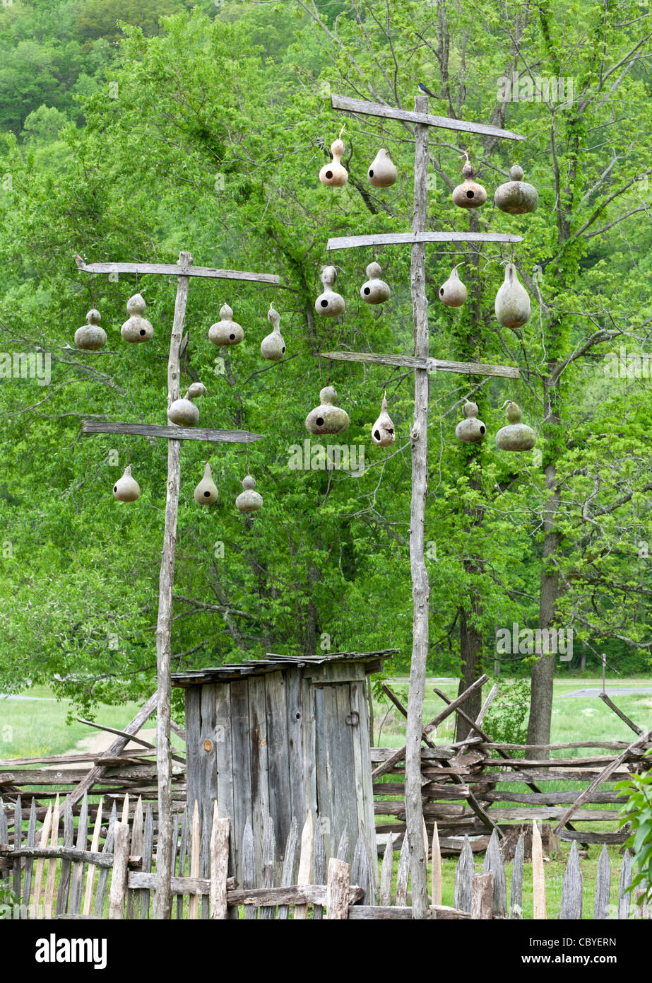 Gourd Birdfeeders On Farm With Outhouse In Great Smoky Mountains