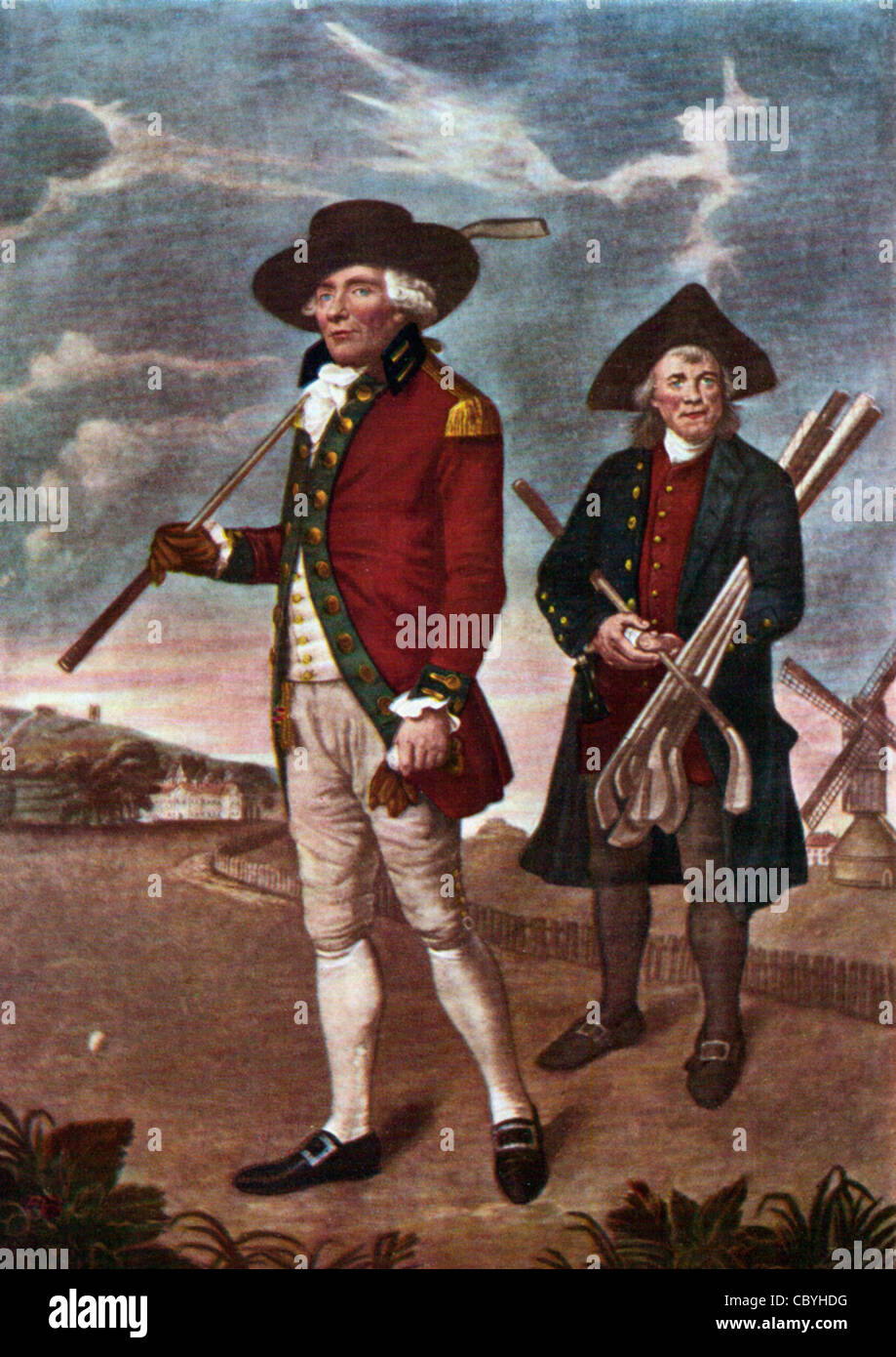 An elegant gentleman playing golf, with his caddy (circa 1790) Stock Photo