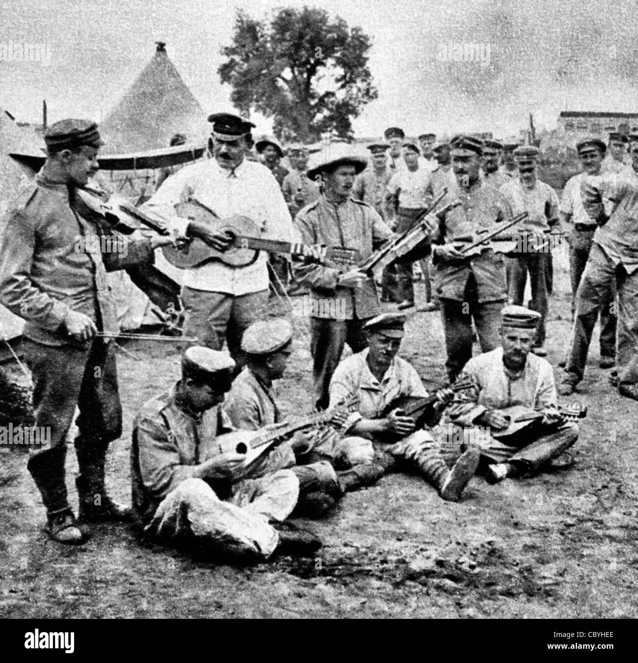 German prisoners of war playing instruments in POW camp - World War I Stock Photo