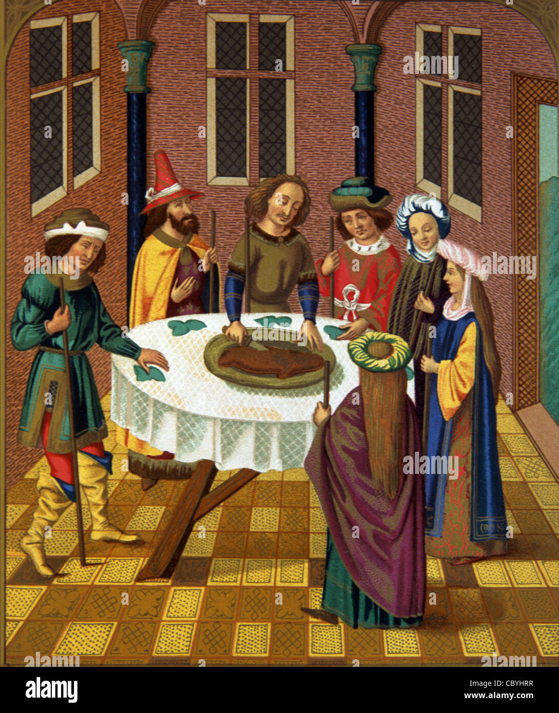 Jewish Passover, Easter Meal or Feast, from a c15th Missal by School of Van Eyck. Medieval c15th Costumes Stock Photo