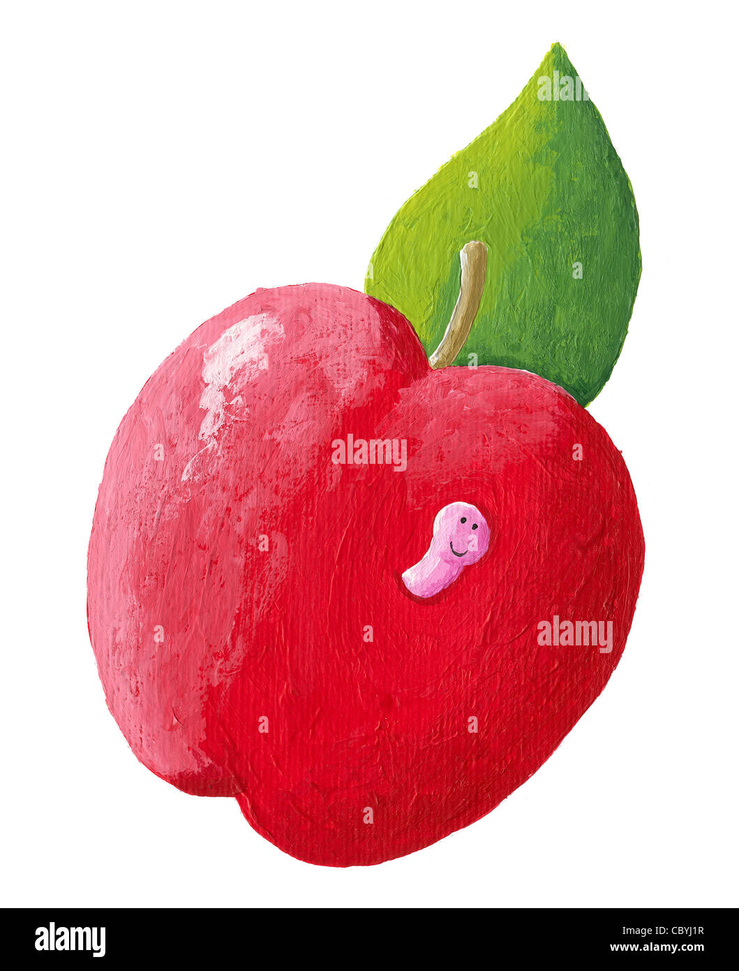Illustration of red apple with cute pink worm Stock Photo