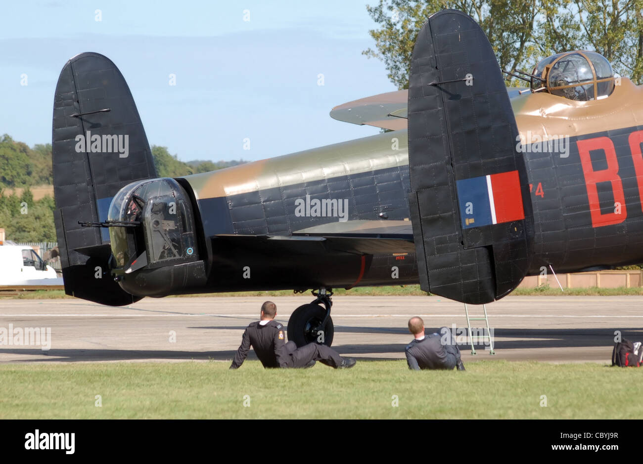 Two of the gun turrets of the Battle of Britain Memorial Flight Lancaster B1 bomber (PA474) Stock Photo