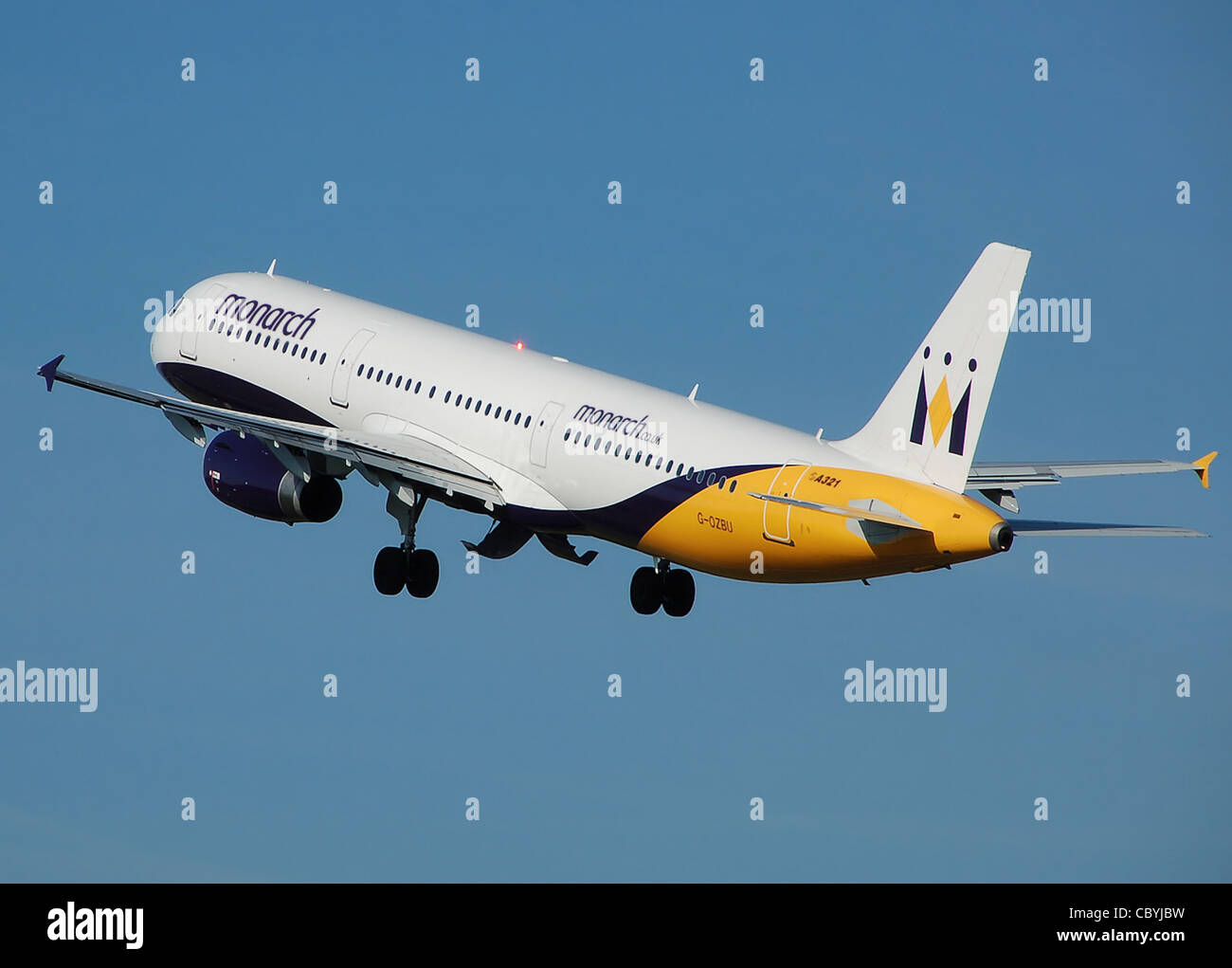 Monarch Airlines Airbus A321-200 (G-OZBU) takes off at Manchester Airport, England. Stock Photo