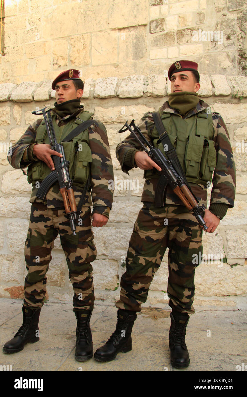 Bethlehem, Palestinian Security forces in Manger Square Stock Photo