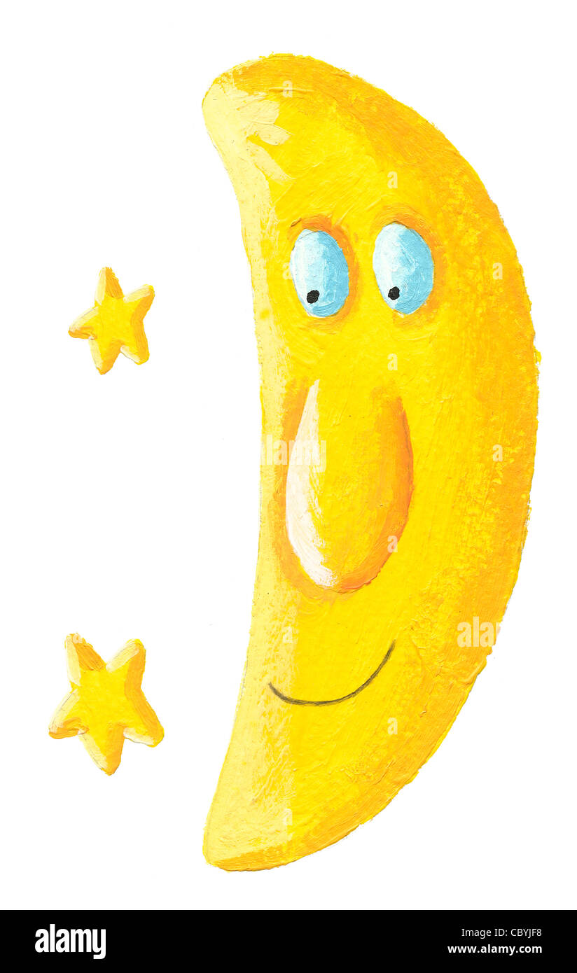 Acrylic illustration of Happy Moon with two stars Stock Photo - Alamy