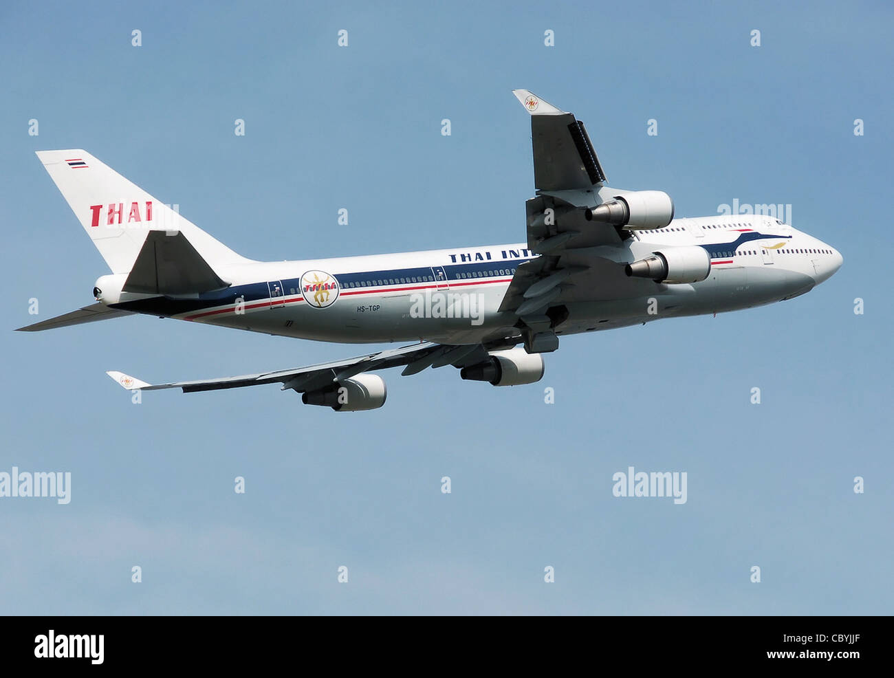 Thai Airways Boeing 747-400 (HS-TGP) takes off from London Heathrow Airport, England Stock Photo