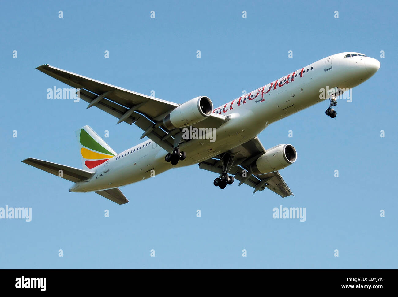Ethiopian Airlines Boeing 757-200 (ET-AMT) lands at London Heathrow Airport, England. Stock Photo