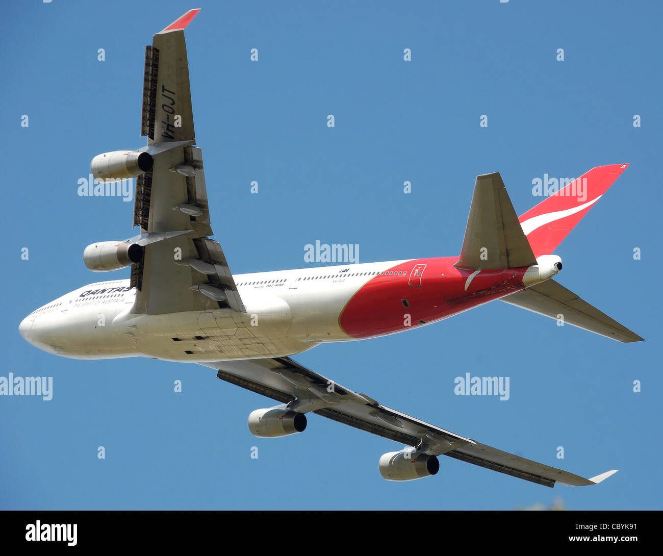antas Boeing 747-400 (VH-OJT) takes off from London Heathrow Airport, England. Stock Photo