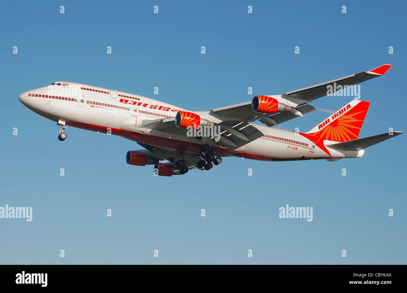 Air India Boeing 747-400 (VT-ESM) lands at London Heathrow Airport, England. Stock Photo