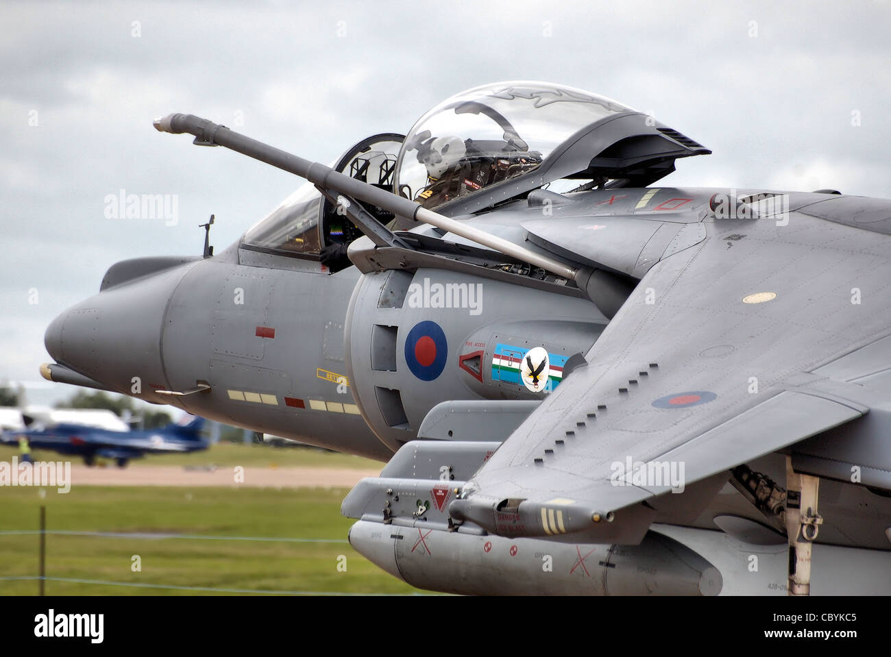 ritish Aerospace Harrier GR9 (code ZG502) taxis after landing at the Royal International Air Tattoo, Fairford, Gloucestershire, Stock Photo