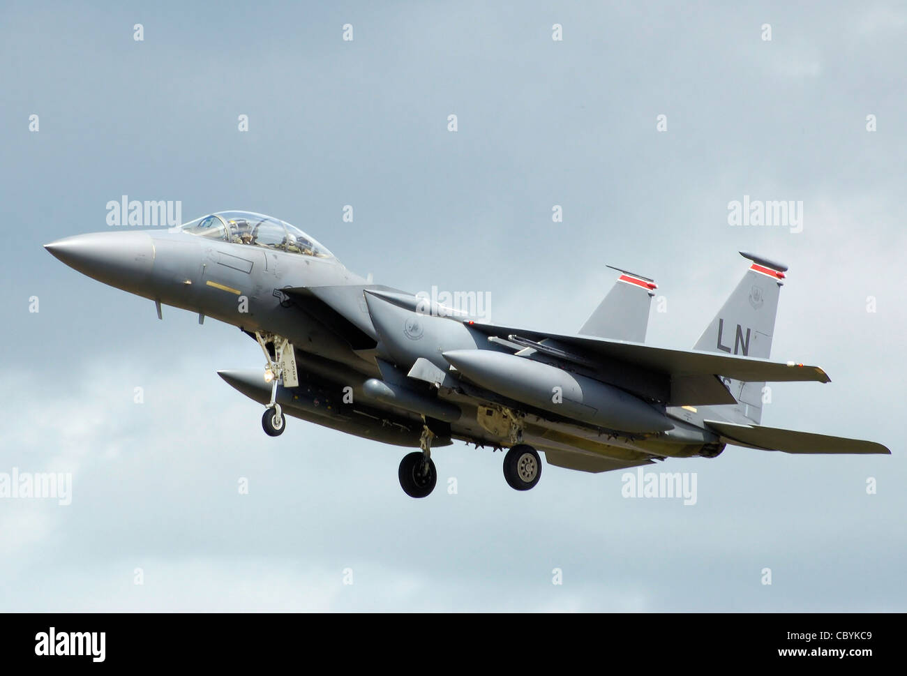 McDonnell Douglas F-15E Strike Eagle lands at the 2008 Royal International Air Tattoo, RAF Fairford, Gloucestershire, England. Stock Photo