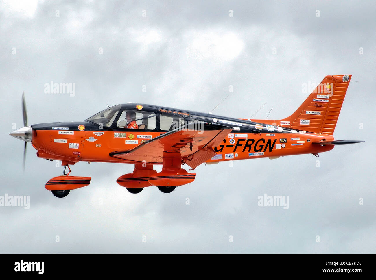 Polly Vacher arrives at RIAT 2008 in her Piper PA-28-236 Dakota (G-FRGN). Stock Photo