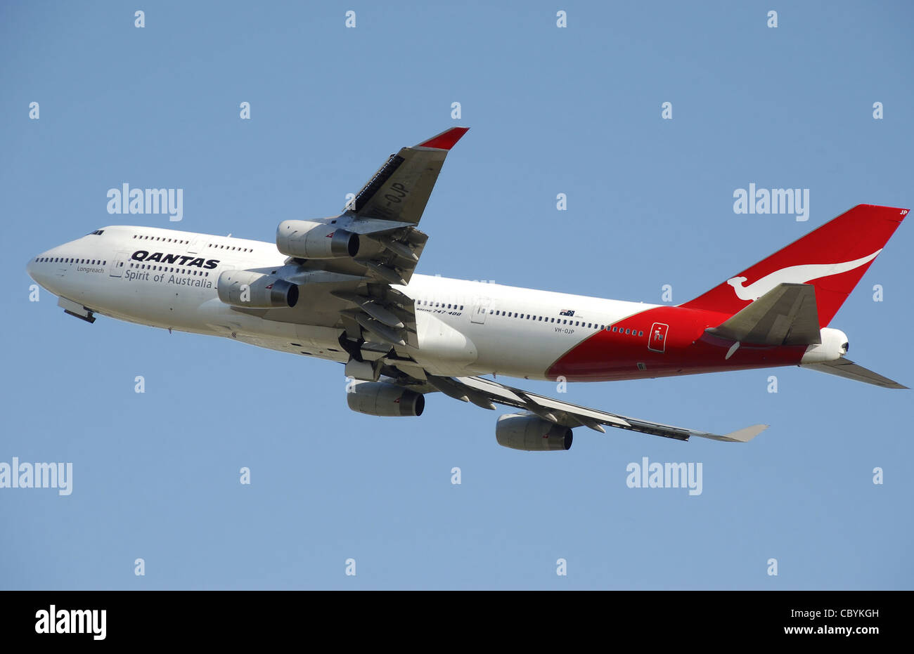 Qantas Boeing 747-400 (VH-OJP) takes off from London Heathrow Airport,  England Stock Photo - Alamy